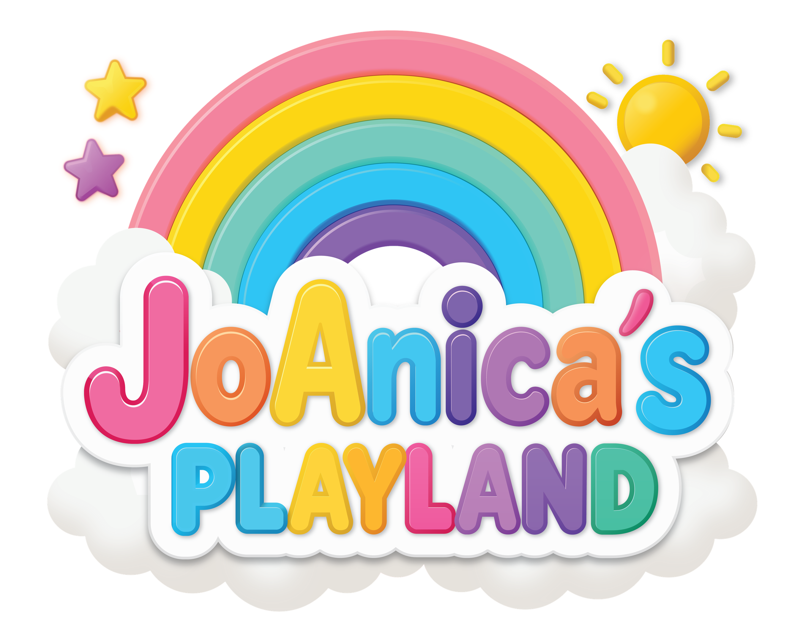 Joanica’s Playland logo featuring a pastel pink fairytale castle above the words ‘JOANICA’S PLAYLAND’ in multicolored playful lettering, with white clouds and gold sparkles on a black background.